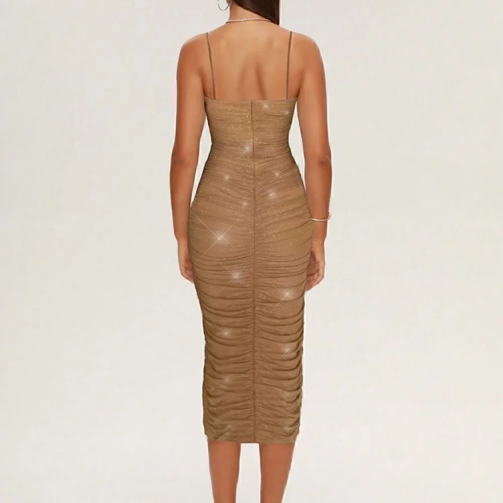 Brown Preppy Womens Folds Women Dress Birthday Party Sleeveless Mesh Long Dresse